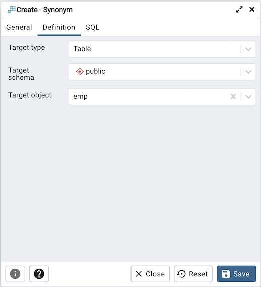 Synonym Dialog — pgAdmin 4 8.11 documentation