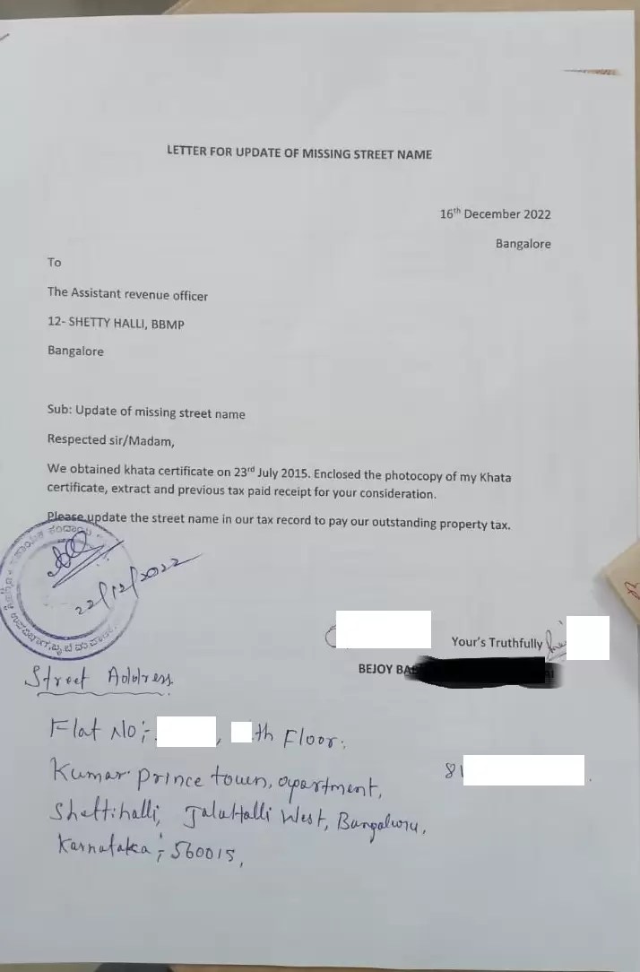 How do I update missing street name in BBMP property tax payment? PGN