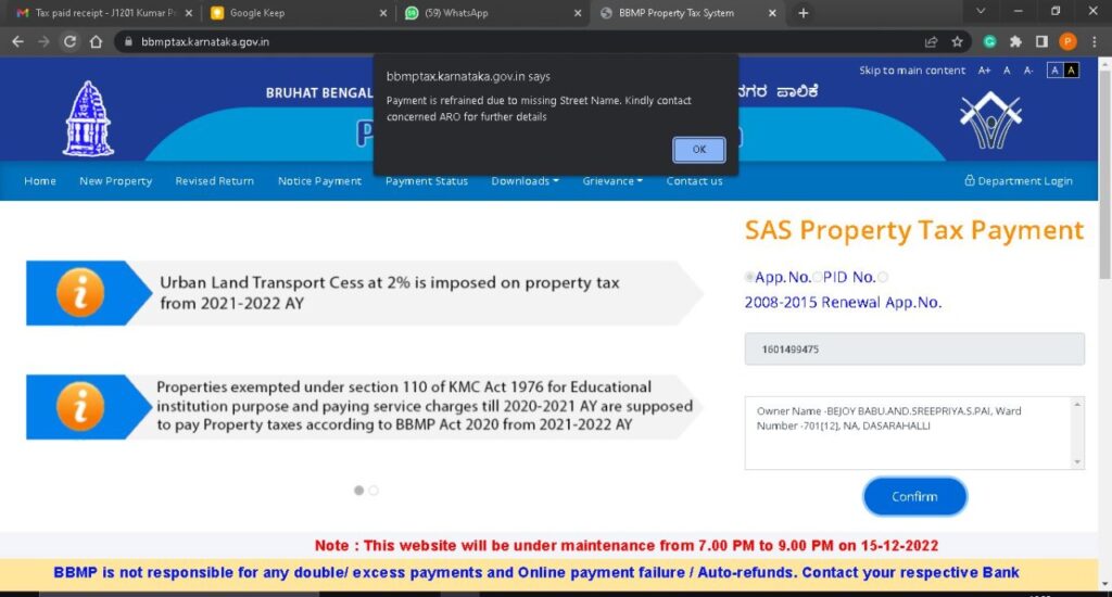 How do I update missing street name in BBMP property tax payment? PGN Property Management