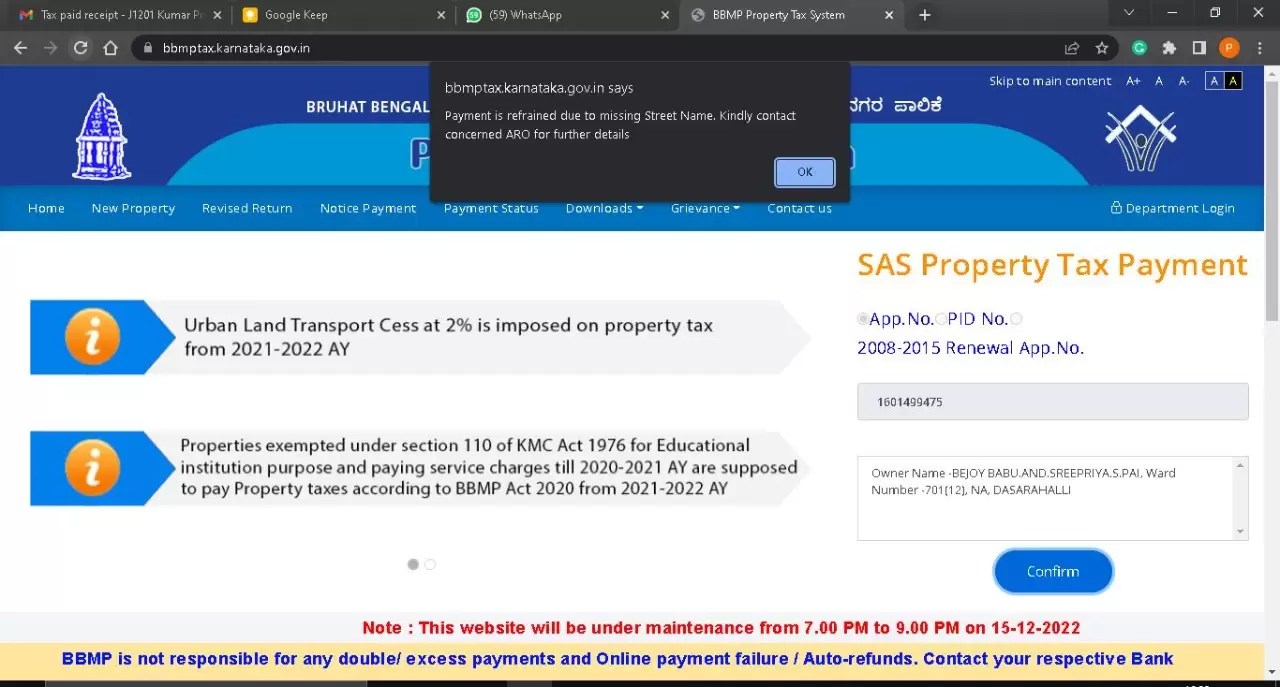 How do I update missing street name in BBMP property tax payment? PGN