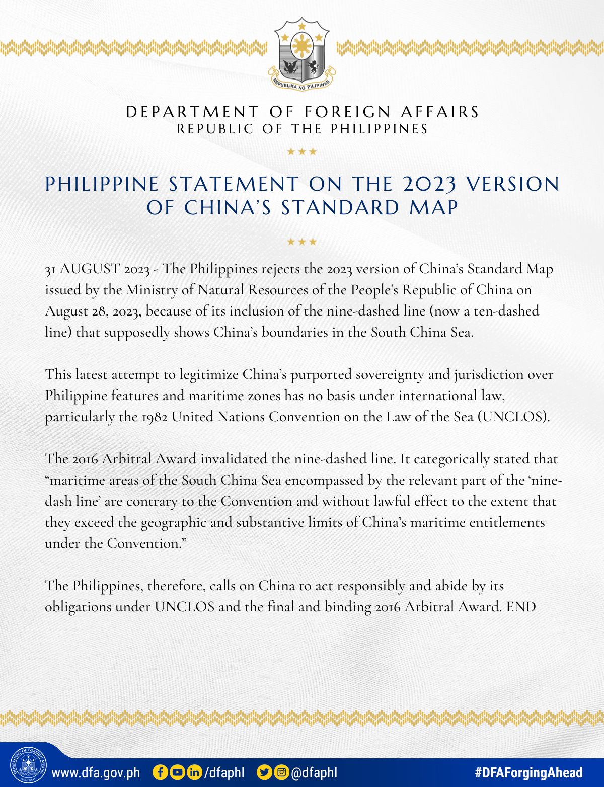 PHILIPPINE STATEMENT ON THE 2023 VERSION OF CHINA’S STANDARD MAP