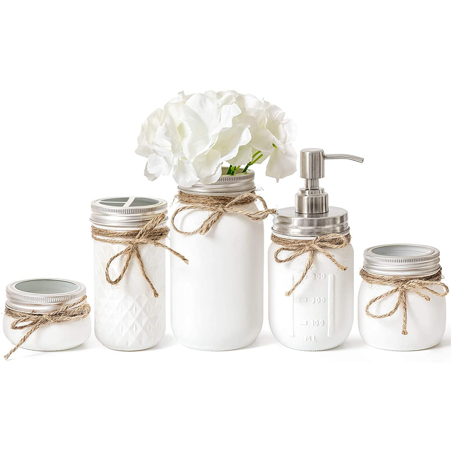Painted Mason Jars Bathroom Accessories Set 5 Piece White PHIRDE