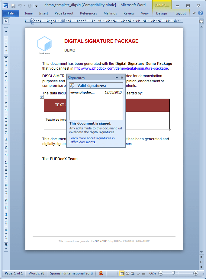 signDOCX Digitally signs a Word document phpdocx