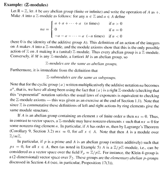 Example on Zmodules. Dummit & Foote, Page 339.