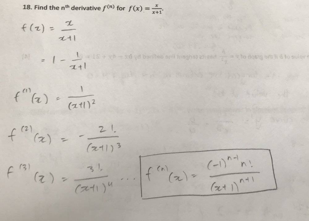Finding the nth derivative of f(x) = x/(x+1)