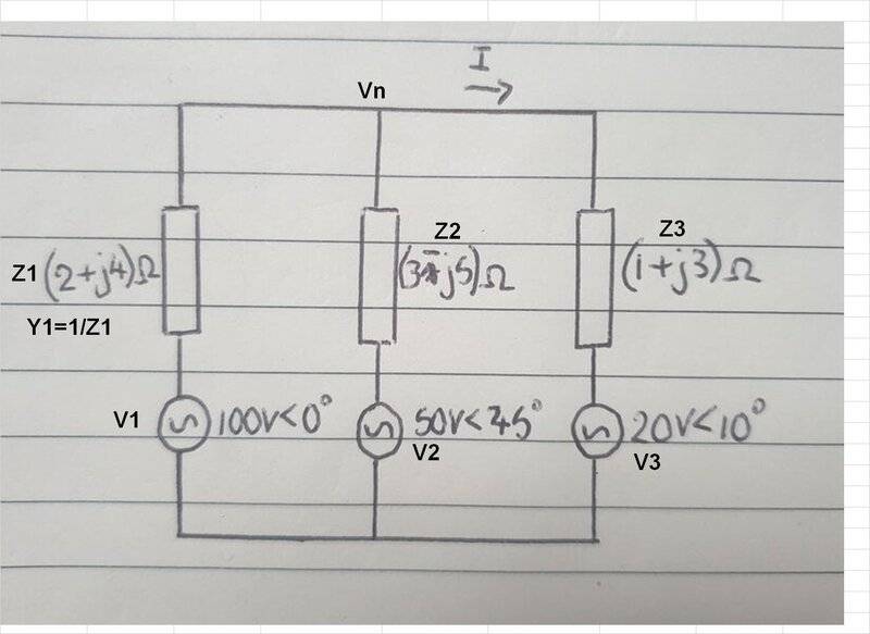 Use voltage nodal analysis to solve for the current flowing in this AC circuit