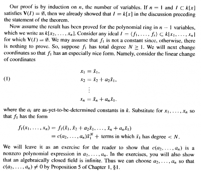 The Weak Nullstellensatz. aspects of proof by Cox et al