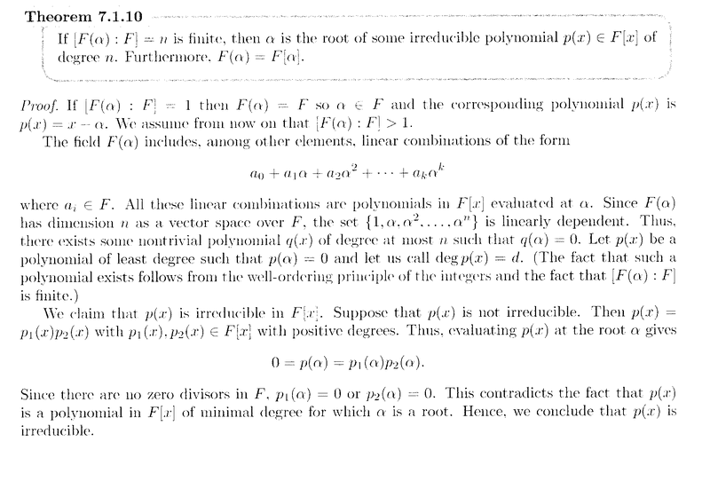 Field Extensions Lovett, Theorem 7.1.10 Another question