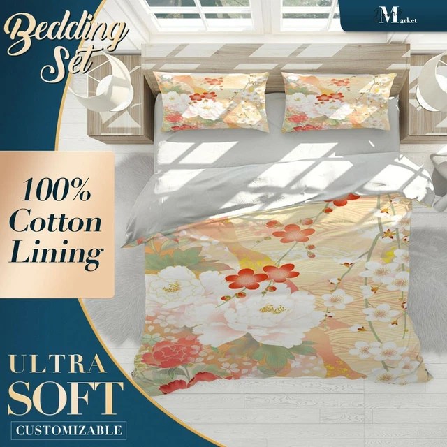 TRADITIONAL JAPANESE FLORAL Patterns Red Quilt Cover Set w Zipper n