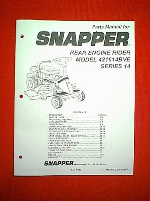 SNAPPER REAR ENGINE Riding Mower Series 14 Model 421614Bve Parts Manual