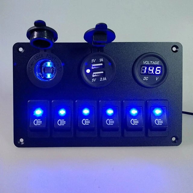 6 GANG BLUE Rocker Switch Panel Circuit Breaker LED Waterproof Car