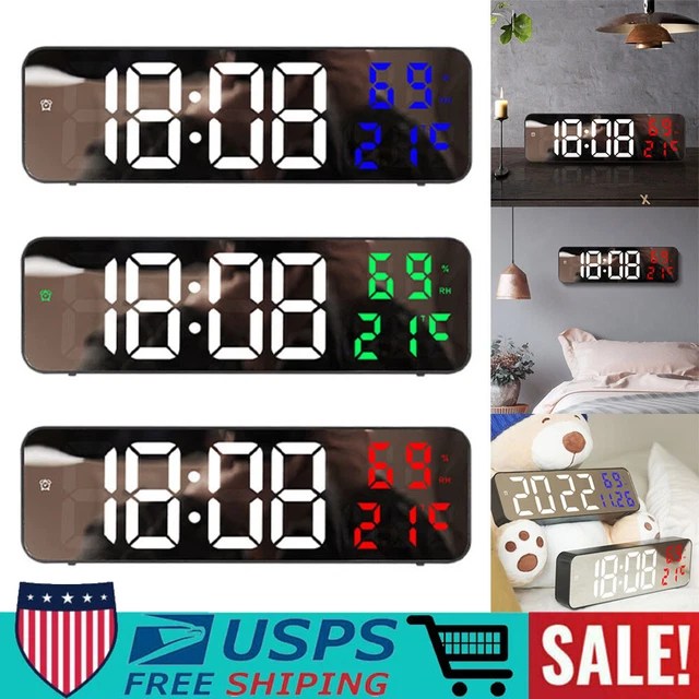 LARGE LED DIGITAL Wall Clock Temperature Humidity Hanging USB Mirror