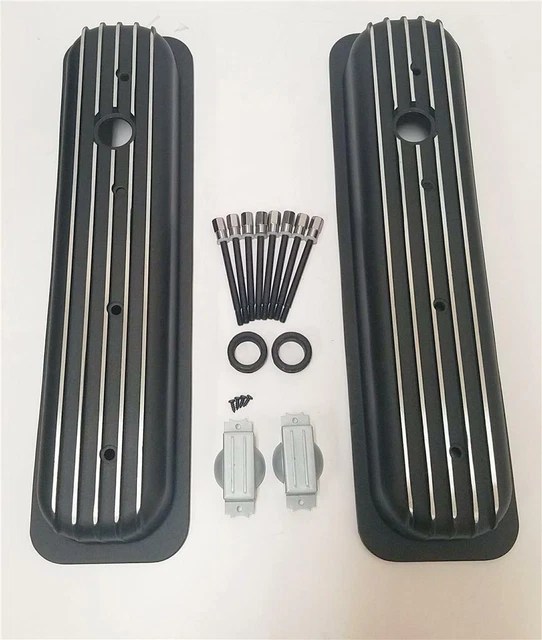 SMALL BLOCK CHEVY Short Style Finned BLACK Valve Covers Retro Vortec 5.