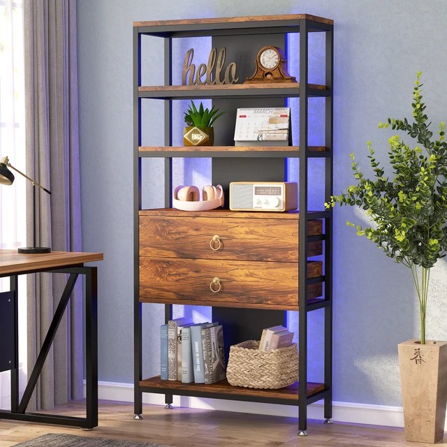RUSTIC BOOK SHELF with Led Light, 5Tier Bookcase Storage Shelves with