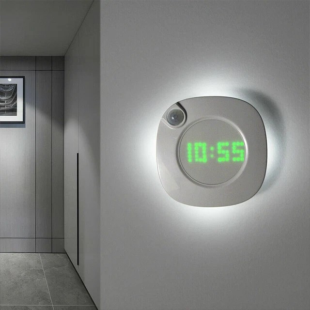LED DIGITAL TIME Wall Clock With PIR Motion Sensor Night Light Home