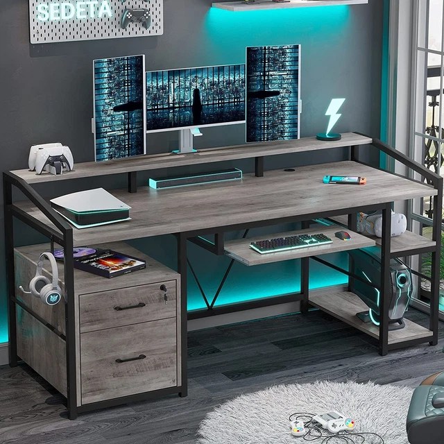 63& HOME OFFICE Desk Computer Table with File Drawers & Monitor Shelf