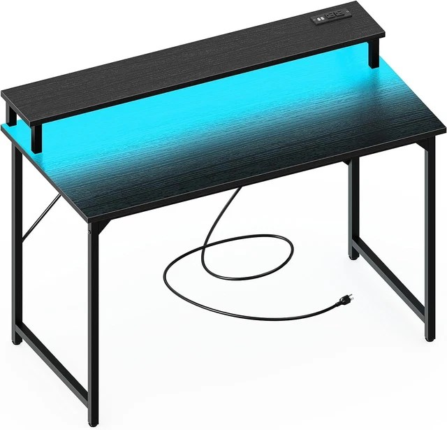 47INCH COMPUTER DESK with LED Lights & Power Outlets, Black Computer
