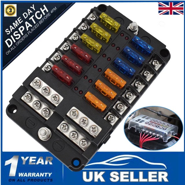 12 WAY BLADE Fuse Box & Bus Bar Car Kit Marine FuseBox Holder 12V/32V