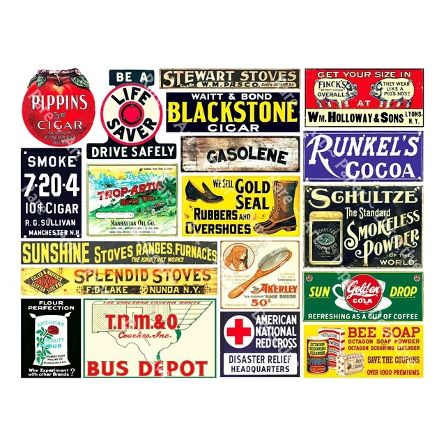 VINTAGE ADVERTISING STICKER Sheet, 19 Reproduction Signs, Victorian