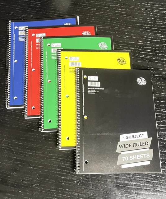 BASIC SPIRAL Notebook, 1 Subject, Wide Ruled, 70 Sheets, 5 Pack