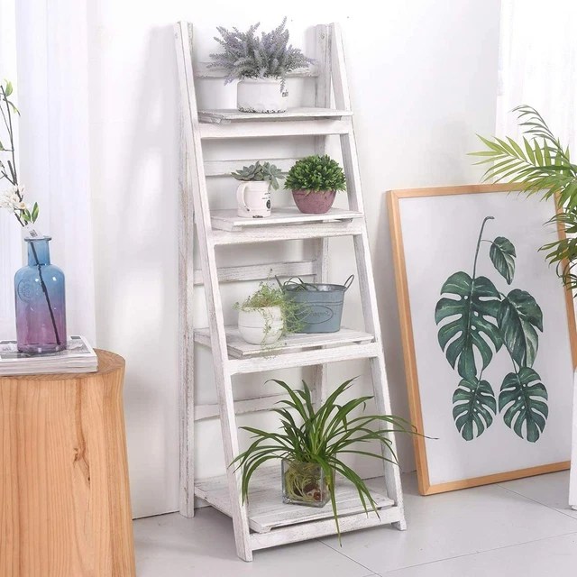 FOLDABLE LADDER BOOKSHELF Rack 4 Tier Vintage Plant Stand Display Shelf