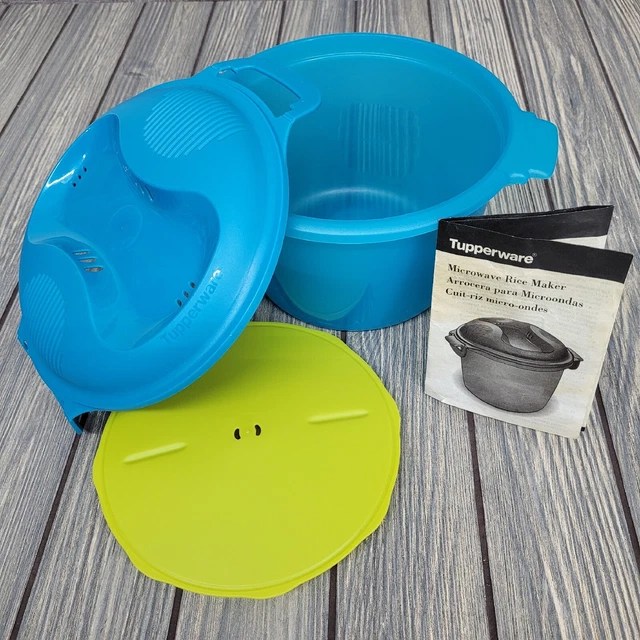 TUPPERWARE MICROWAVE RICE Maker Vegetable Steamer Cooker 3pc Teal Blue