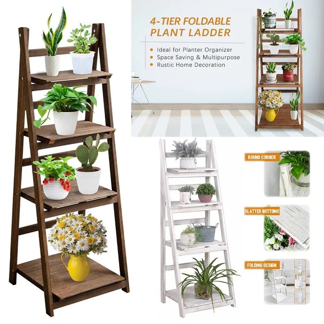 FOLDABLE LADDER BOOKSHELF Rack 4 Tier Vintage Plants Stand Display