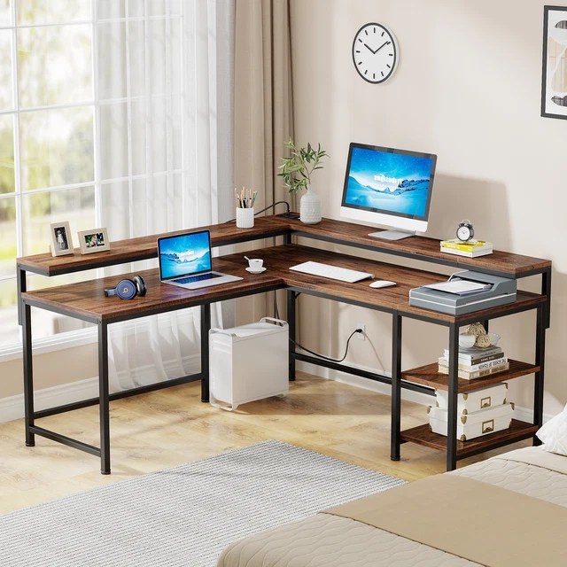REVERSIBLE OFFICE DESK with Power Outlet, LShaped Computer Desk