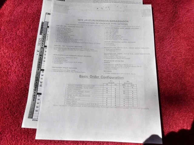 74 AMC DEALER ORDER form AMX Ambassador Javelin Matador Gremlin