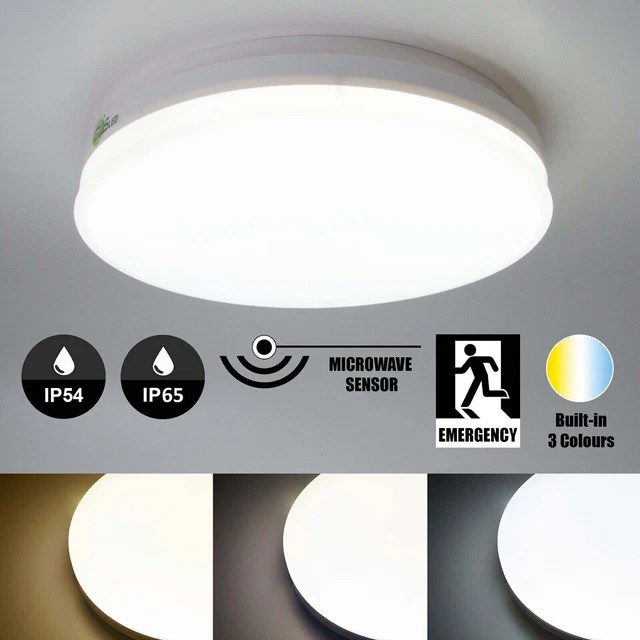 LED CEILING LIGHT With Microwave Motion Sensor & Emergency IP54 IP65
