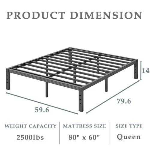 BEDFRAME14 INCH METAL Platform BedFrame No Box Spring Needed, Queen