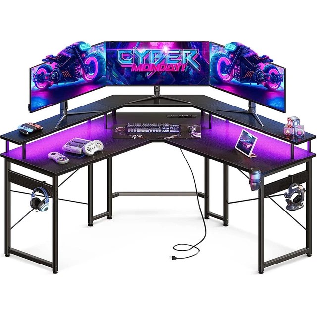LSHAPED GAMING DESK Corner Table Computer Desk with RGB Light & Power