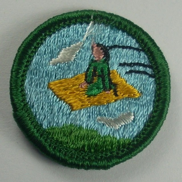 VINTAGE GIRL SCOUT BADGE Magic Carpet pinstripe background