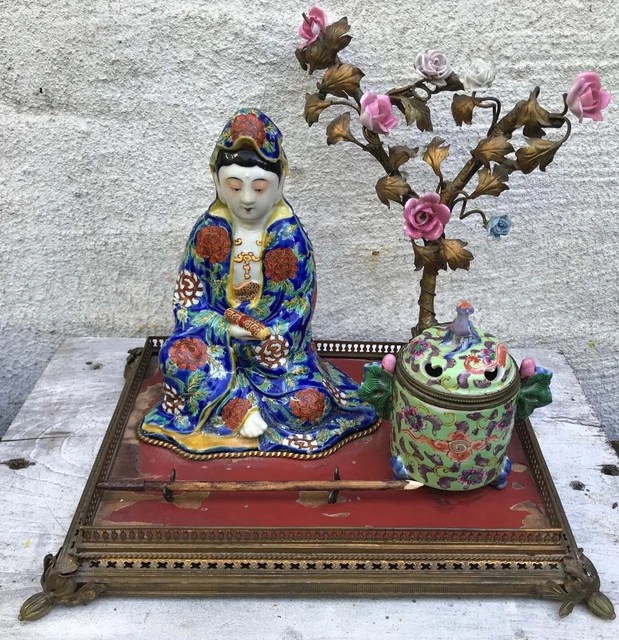 ANTIQUE CHINESE PORCELAIN Goddess Calligraphy Inkstand Plateau Inkwell