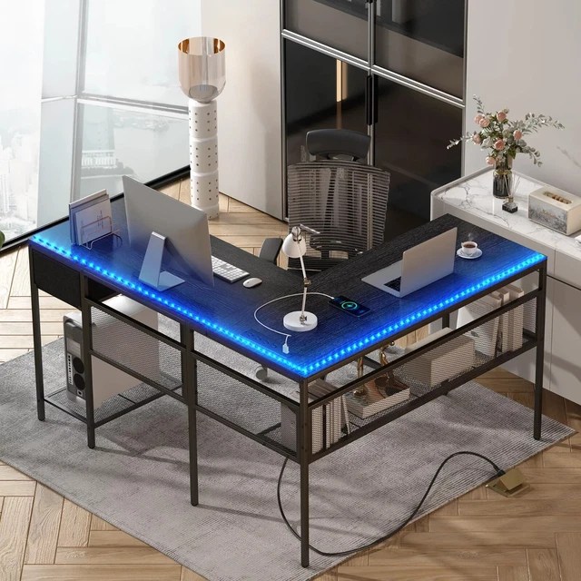 L SHAPED GAMING Desk LED Lights & Power Outlet Reversible Computer Desk