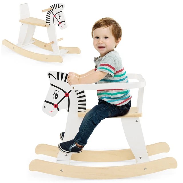 WOODEN ROCKING HORSE Baby Ride On Toy Rocker w/ Detachable Fences