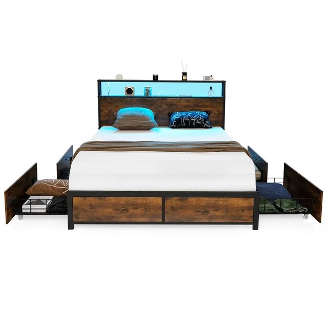 KING SIZE BED Frame Metal Bed Platform LED Lights Headboard & 4 Storage