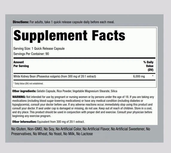 2 X PIPING ROCK White Kidney Bean Extract 180 Capsules, 6000 mg, CARB