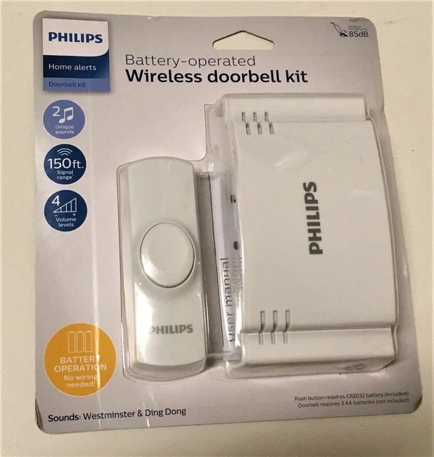 PHILIPS WIRELESS DOOR DOORBELL KIT / CHIME PUSH BUTTON 2SOUNDS Battery