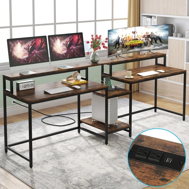 RUSTIC LONG COMPUTER Desk with Power Outlet, 2 Person Workstation