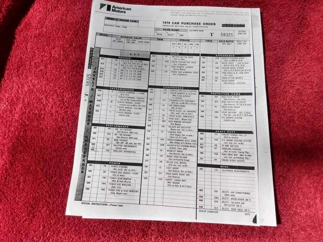 74 AMC DEALER ORDER form AMX Ambassador Javelin Matador Gremlin