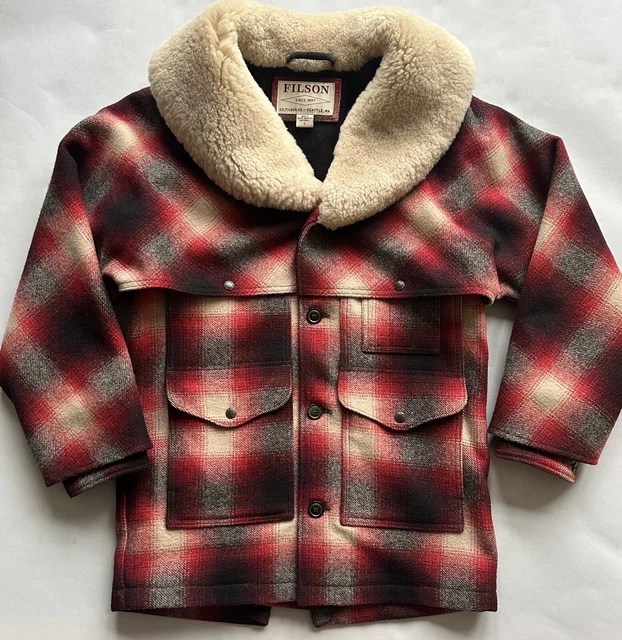 SMALL FILSON Lined Wool Mackinaw Packer Coat Red Cream Shearling Made