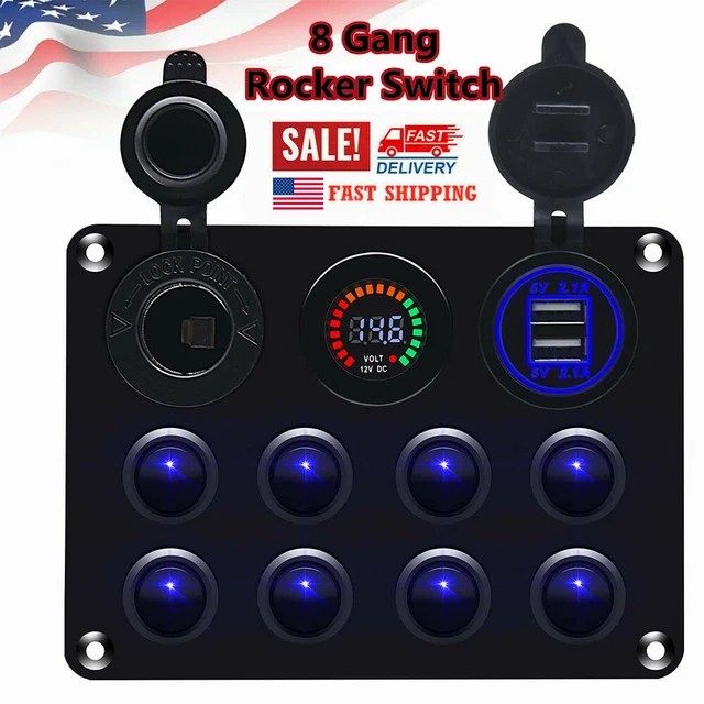8 GANG BLUE Rocker Switch Panel Circuit Breaker LED Waterproof Car