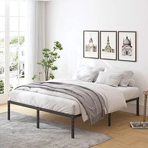 METAL BED FRAME Size No Box Spring Needed Easy Assembly Heavy Queen