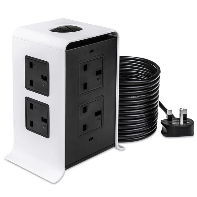 5M TOWER EXTENSION Lead Multi Socket 8 Way Plug USB Extension Surge