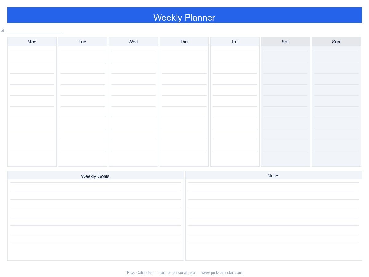 Free Printable Weekly Planner Template — 2026 PDF