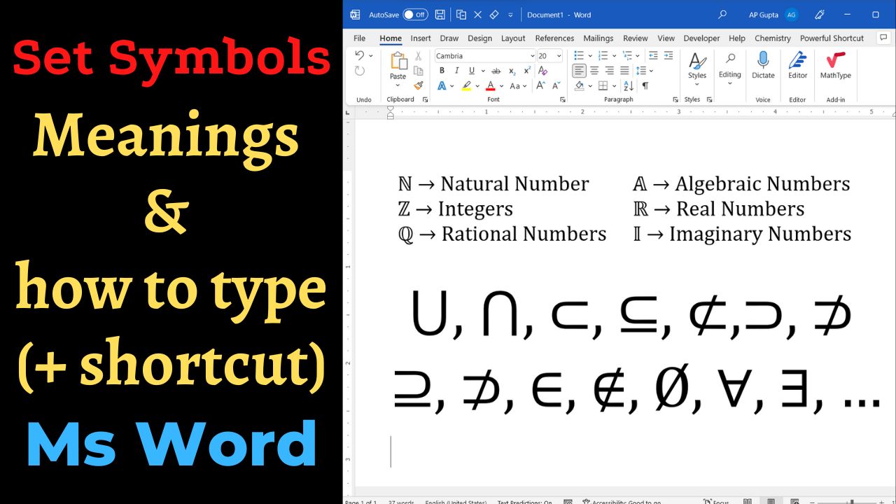 Common set symbols with meaning and how to type them in Ms Word (with