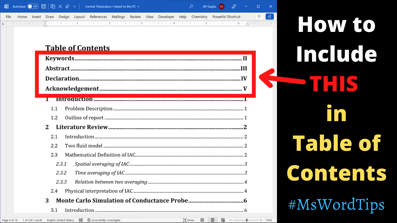 How to add abstract and other headings to Table of Contents in Ms Word