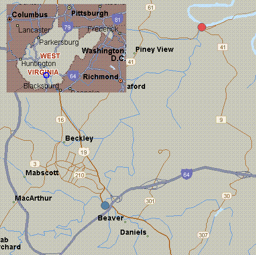 Map for Piney Creek, West Virginia, white water, Beckley to McCreery