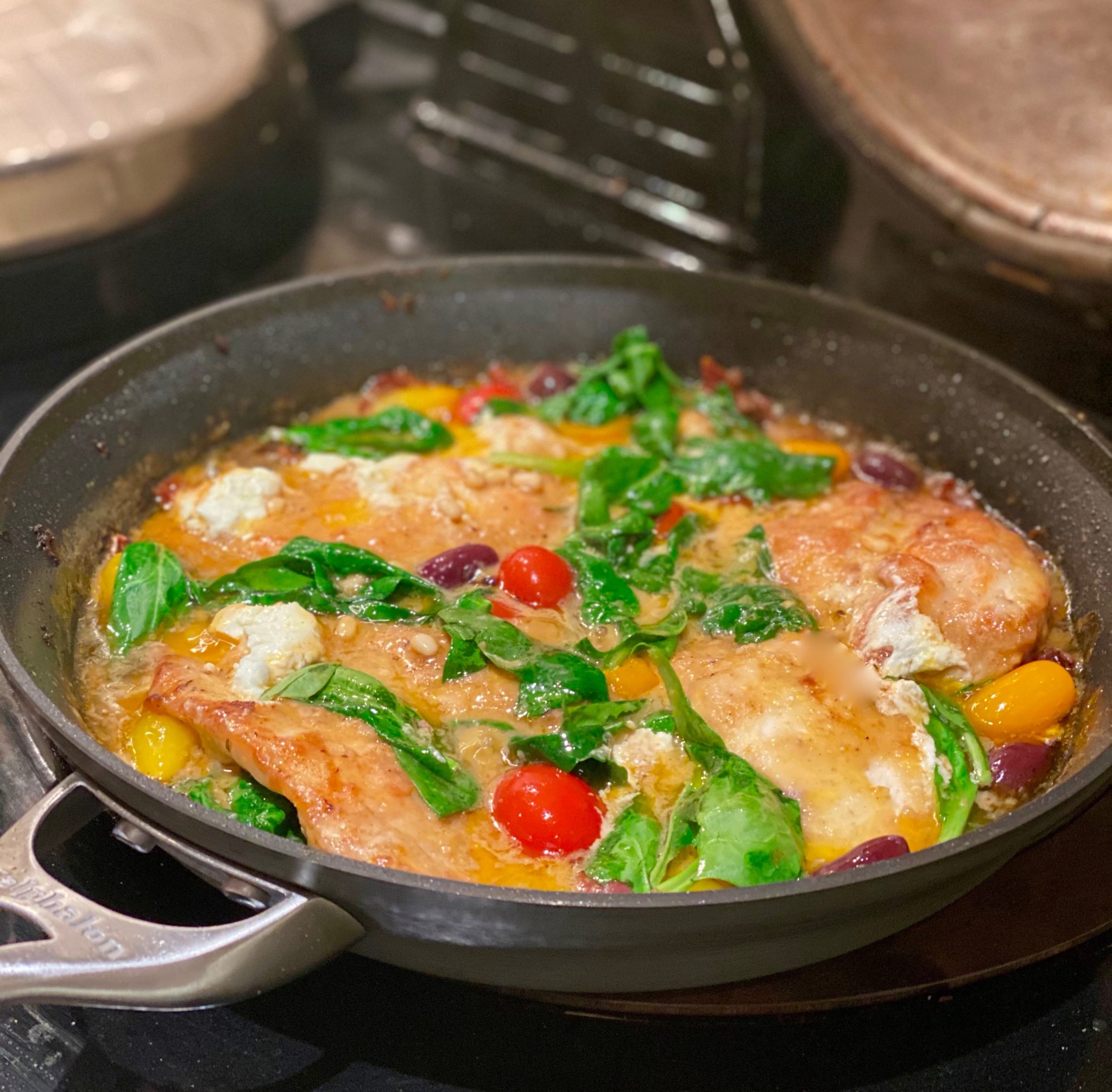 Smothered Chicken with Spinach, Olives & Sun Dried Tomatoes Pine